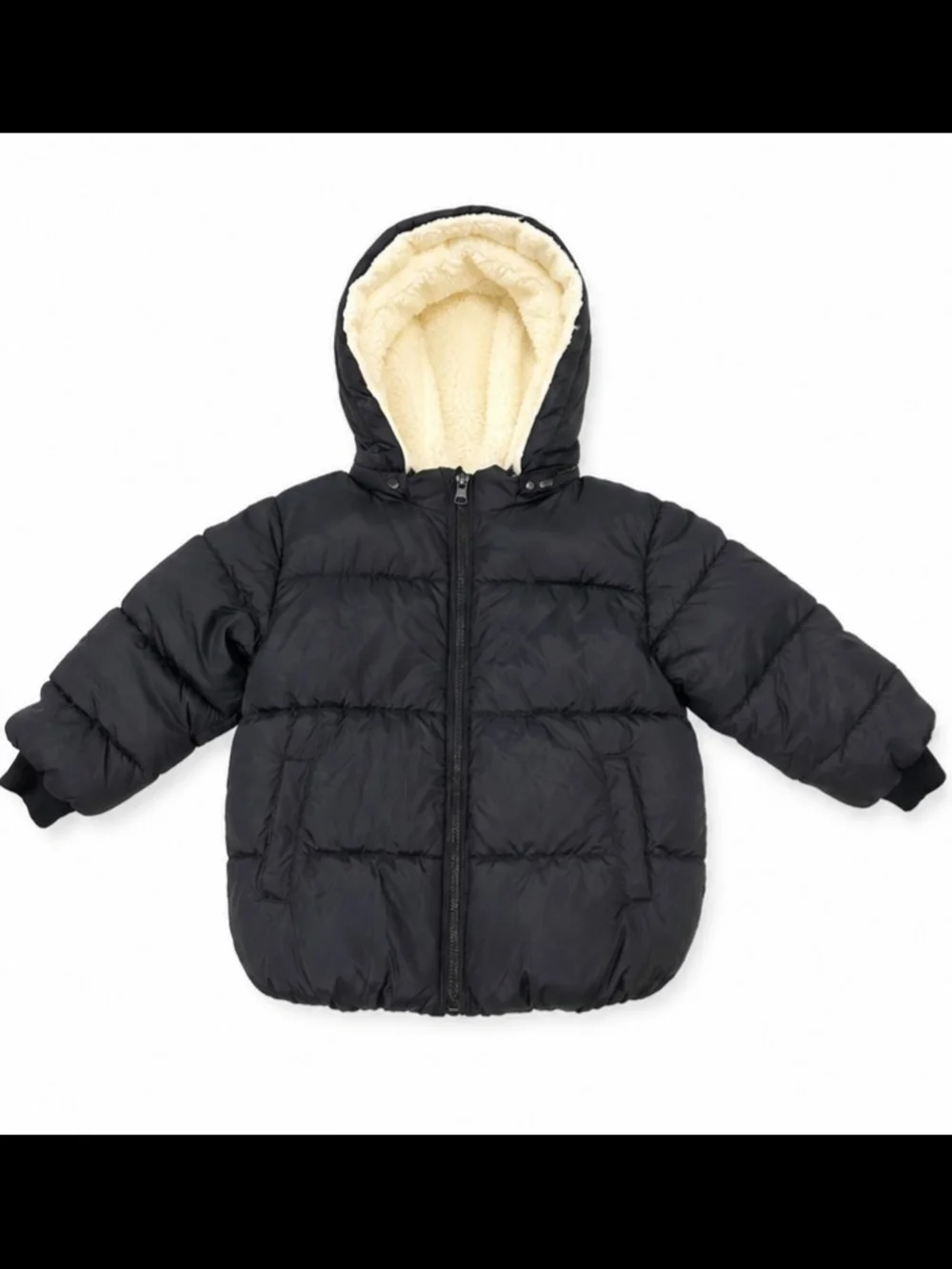 Kids Black Puffer Jacket with Sherpa Fleece-Lined Hood | Size 110/US size 5